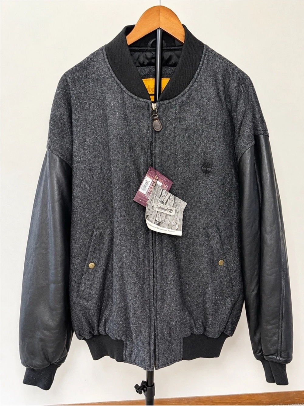 NWT Timberland Wool Leather Bomber Jacket Men XL Gray Black Vintage